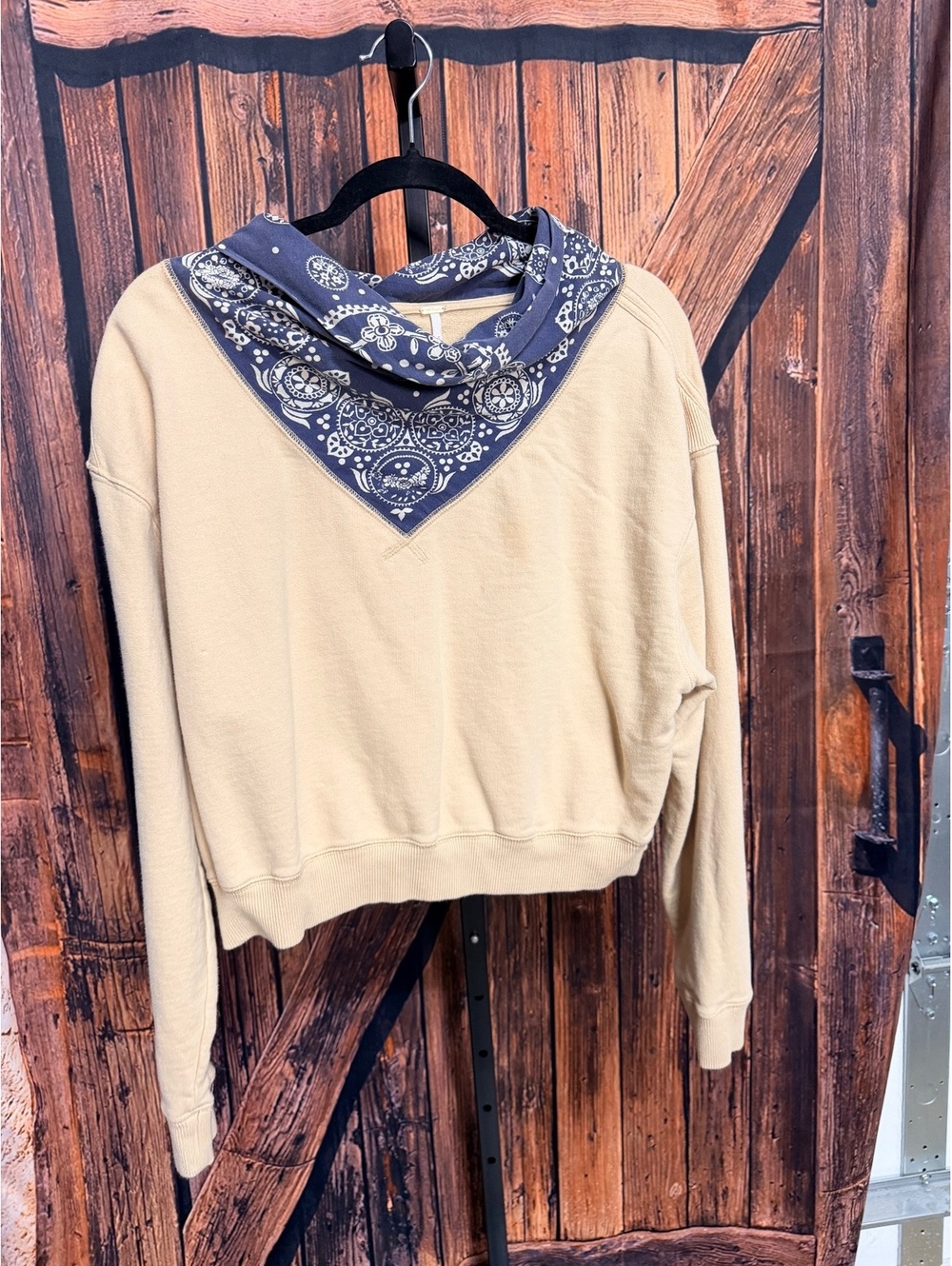 Free People Beige Sweatshirt with Navy Bandana Collar, Size S
